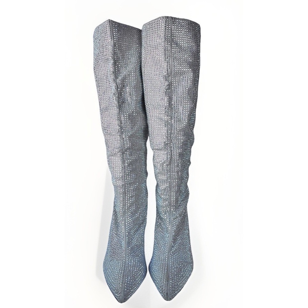 FASHION NOVA Boots Womens 9 Sparkly Bedazzled Silver Grey Pull-On Wedge KneeHigh